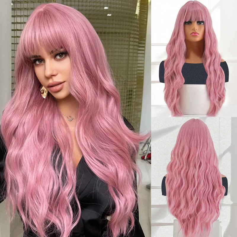 Long Pastel Pink Synthetic Wig with Bangs long Light Pink Wigs for Women Heat Resistant Wavy Colored Pastel for Cosplay Party