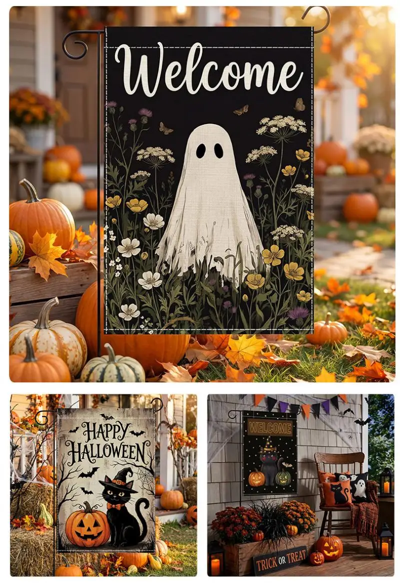 2 Stück Halloween Dekorative Gartenflagge mit Skelettkopf-Kürbis-Muster Gartenflaggen für Feiertage Outdoor Gartendekoration Flaggen 30x45cm – Detail 4