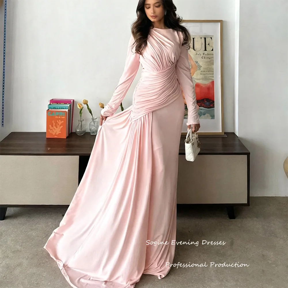 Customized Satin Mermaid Evening Dresses Draped Ruched فساتين سهرة Long Cocktail Long Sleeve O-Neck Party Prom Gowns