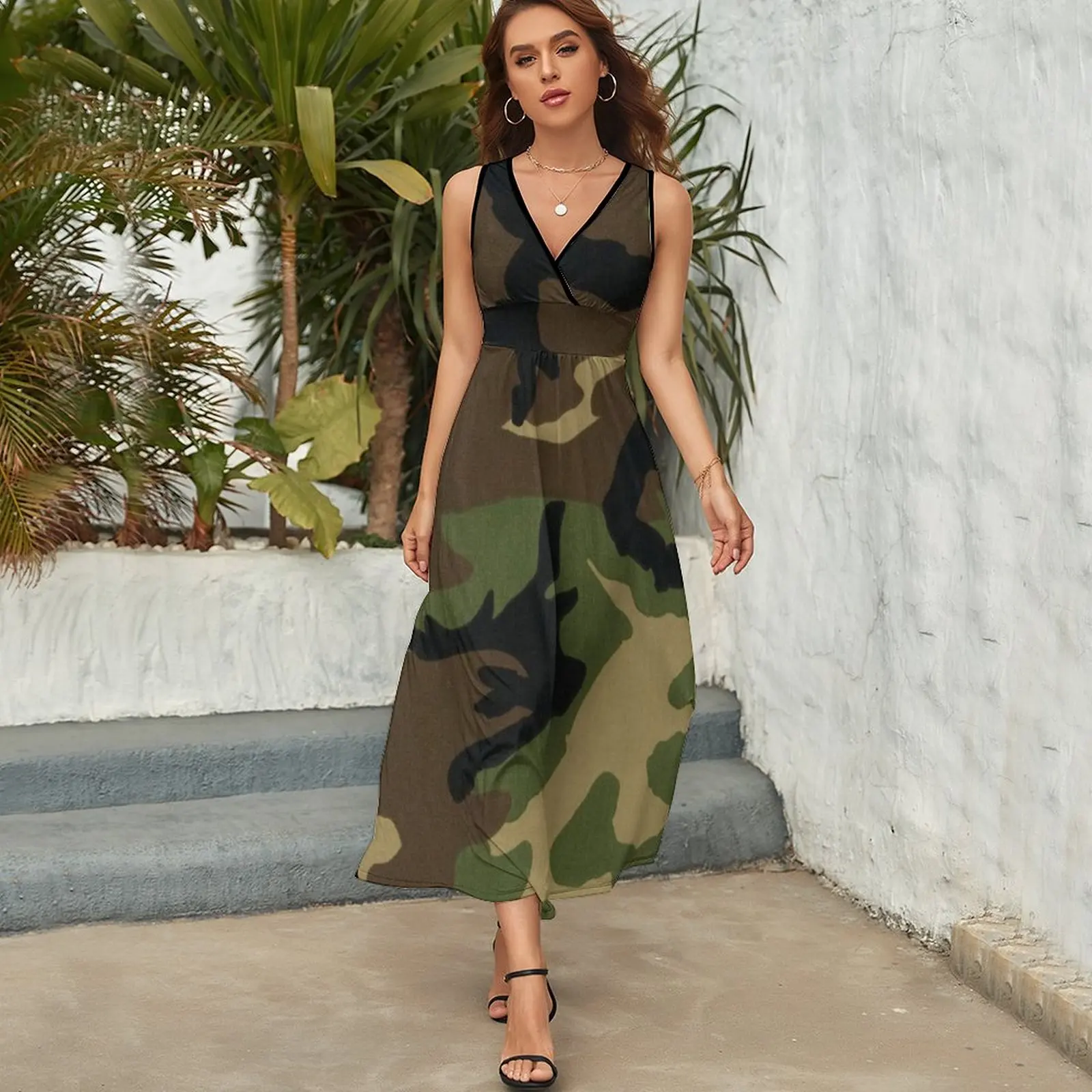 Camo vestido sem mangas das mulheres, roupas femininas