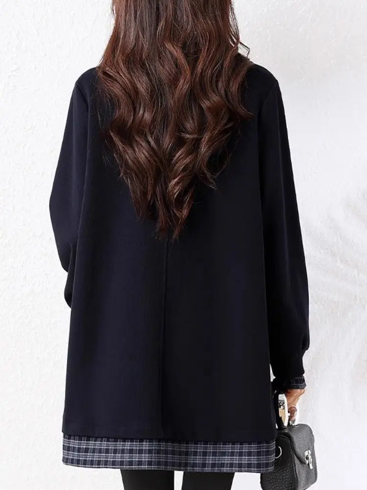 Autumn Winter plus Size Women's Loose Fit Plaid Long Sleeve Sweatshirt Padded Outer Layer Slimming Effect Casual Wear