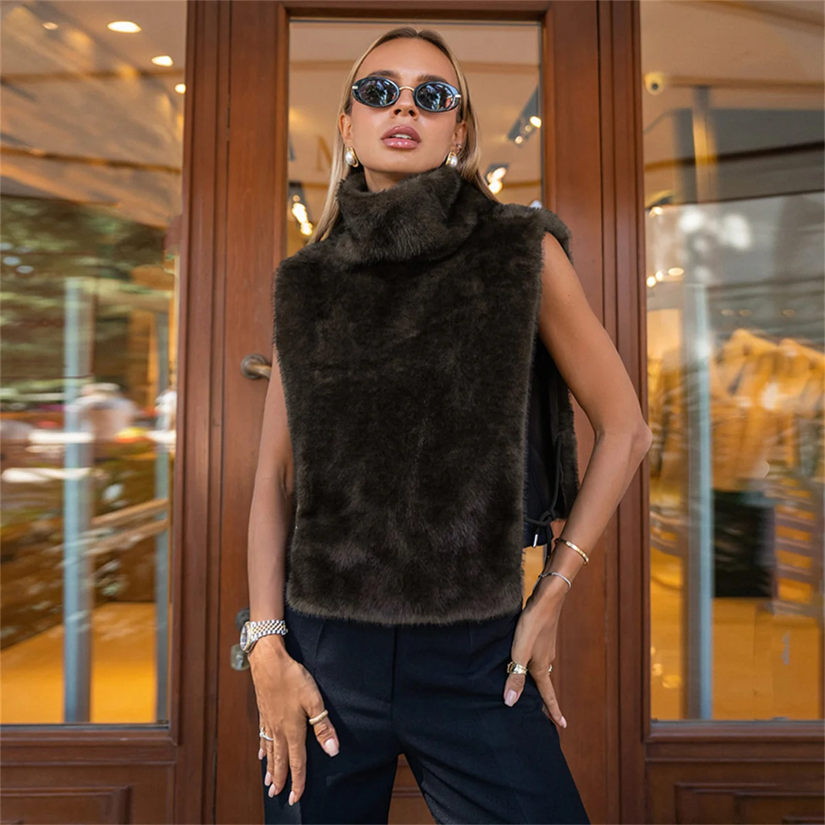 

Women Fashion Turtleneck Faux Fur Vest Sleeveless Solid Autumn Winter New In Retro Tops Lady Casual Chic Streetwear Outfit Coats