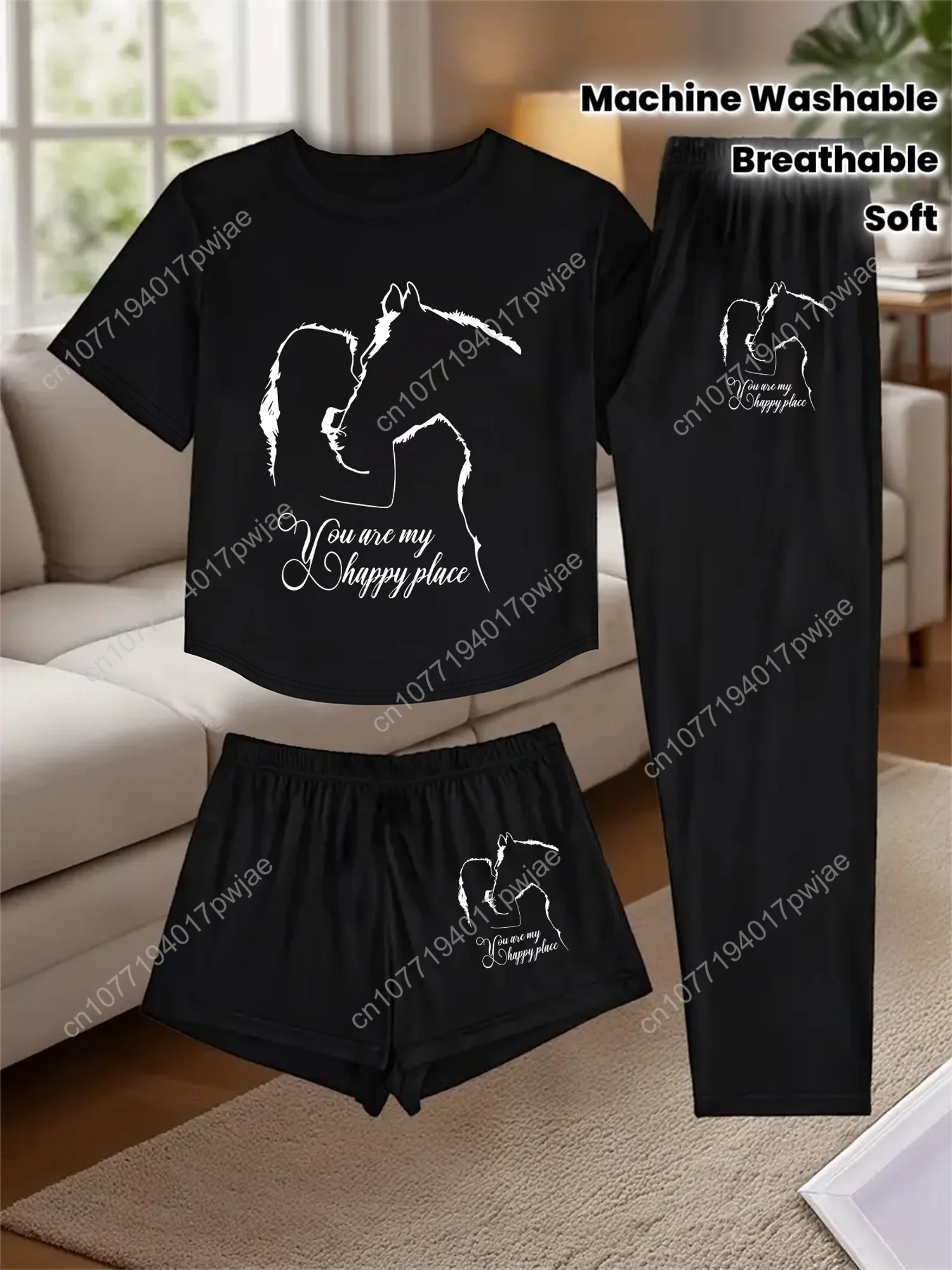 Женский пижамный комплект весны/лета из 3 предметов, пижамы с принтом лошади и всадника, одинаковые шорты, шорты и футболка, мягкий дышащий сон