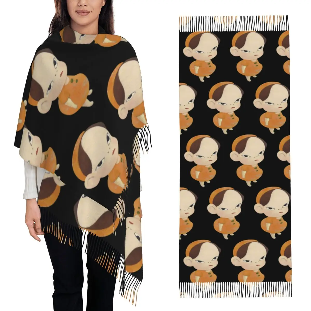 وشاح Yoshitomo Nara أوشحة شرابة للنساء شالات دافئة ناعمة ويلتف شال طويل للخريف والشتاء