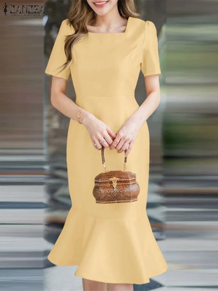 ZANZEA 우아한 Fishtail 드레스 여성 여름 스퀘어 칼라 새틴 Vestidos 2025 패션 짧은 소매 솔리드 이브닝 파티 Sundress