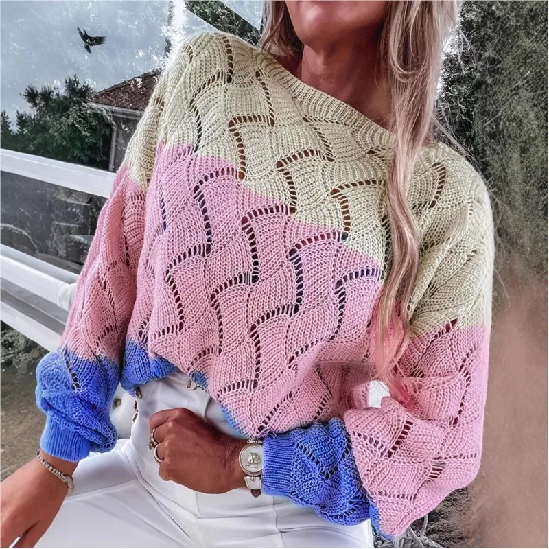 

Women Autumn Hollow Out Knitted Sweater Casual Contrast Color Pullovers Europe Style Jumpers Streetwear Loose Women's Clothes