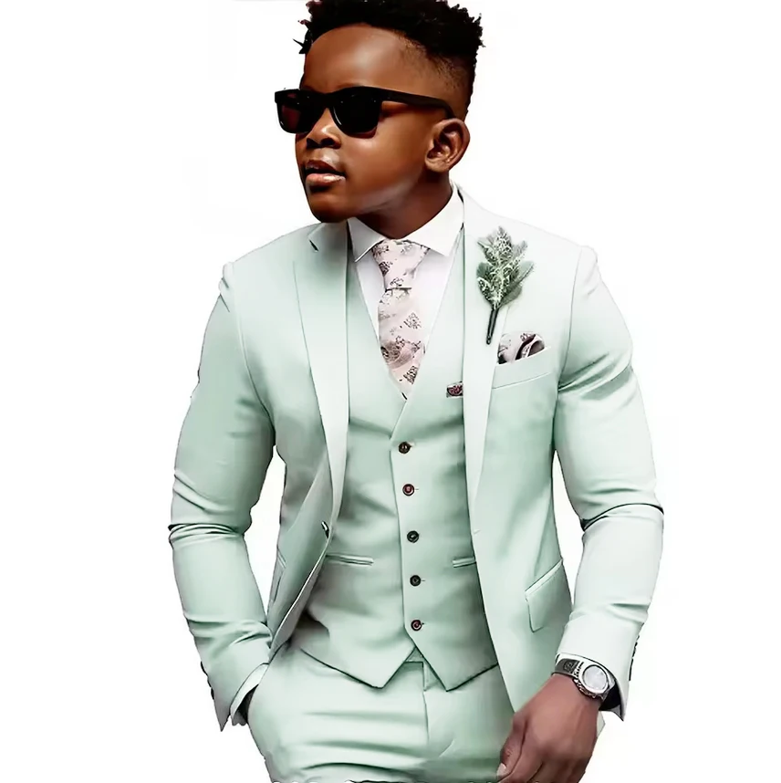 

Elegant Boy Tuxedo Suits Mint Green 3 Pieces Slim Fit Notched Lapel Boy Blazers Suit Jacket+Waistcoat+Trousers for Party Wedding