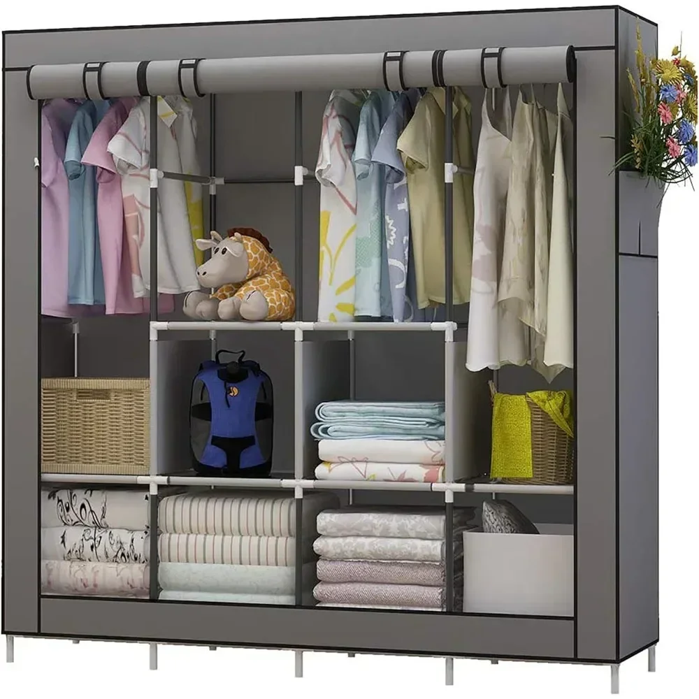 

Portable Closet Large Wardrobe Closet Clothes Organizer with 6 Storage Shelves, 4 Hanging Sections 4 Side Pockets,Grey