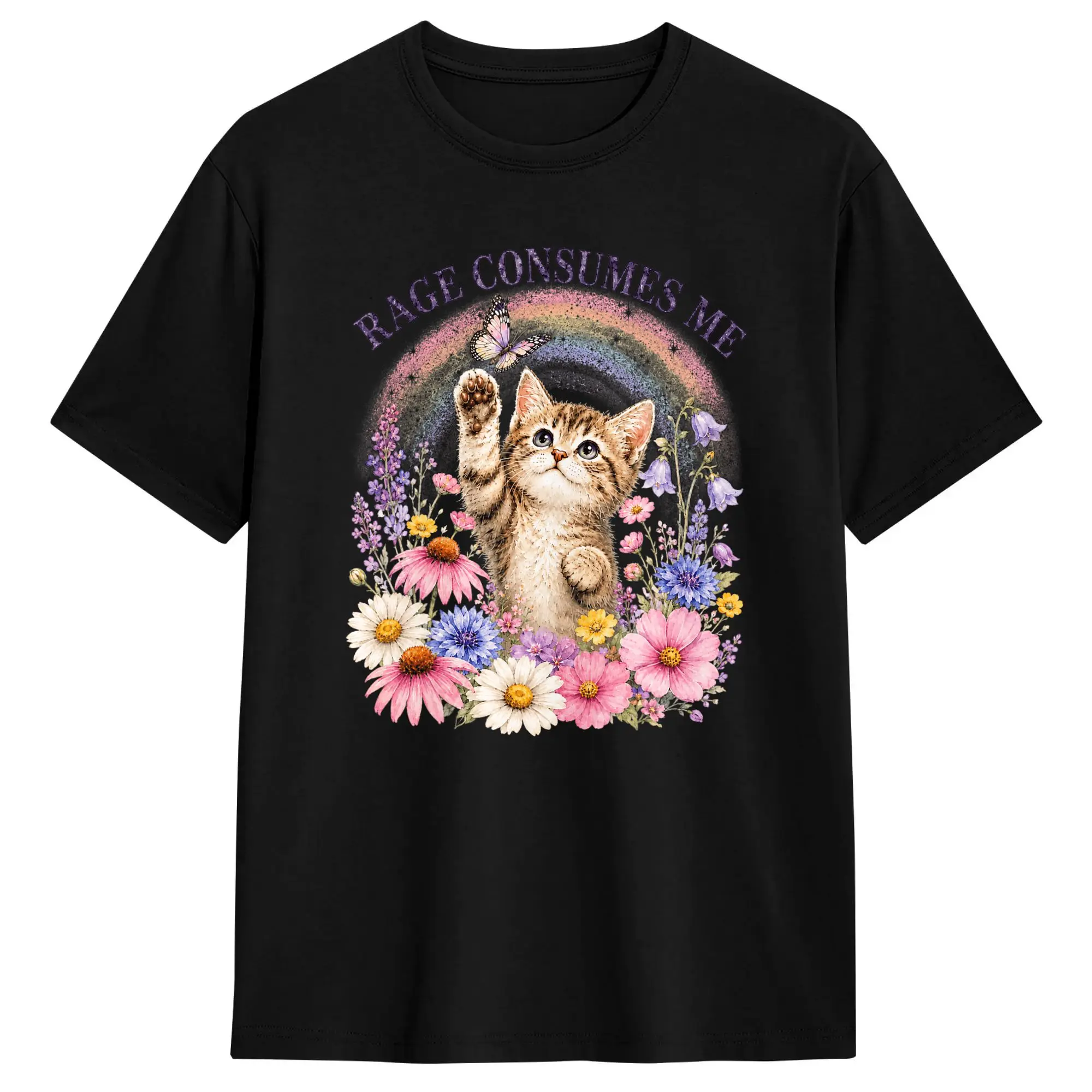 Cute Cat Rage Consumes Me Funny Sarcastic Kitten Flower T-Shirt Summer  Fashion T-Shirts Cotton Crew Neck Oversized Clothing