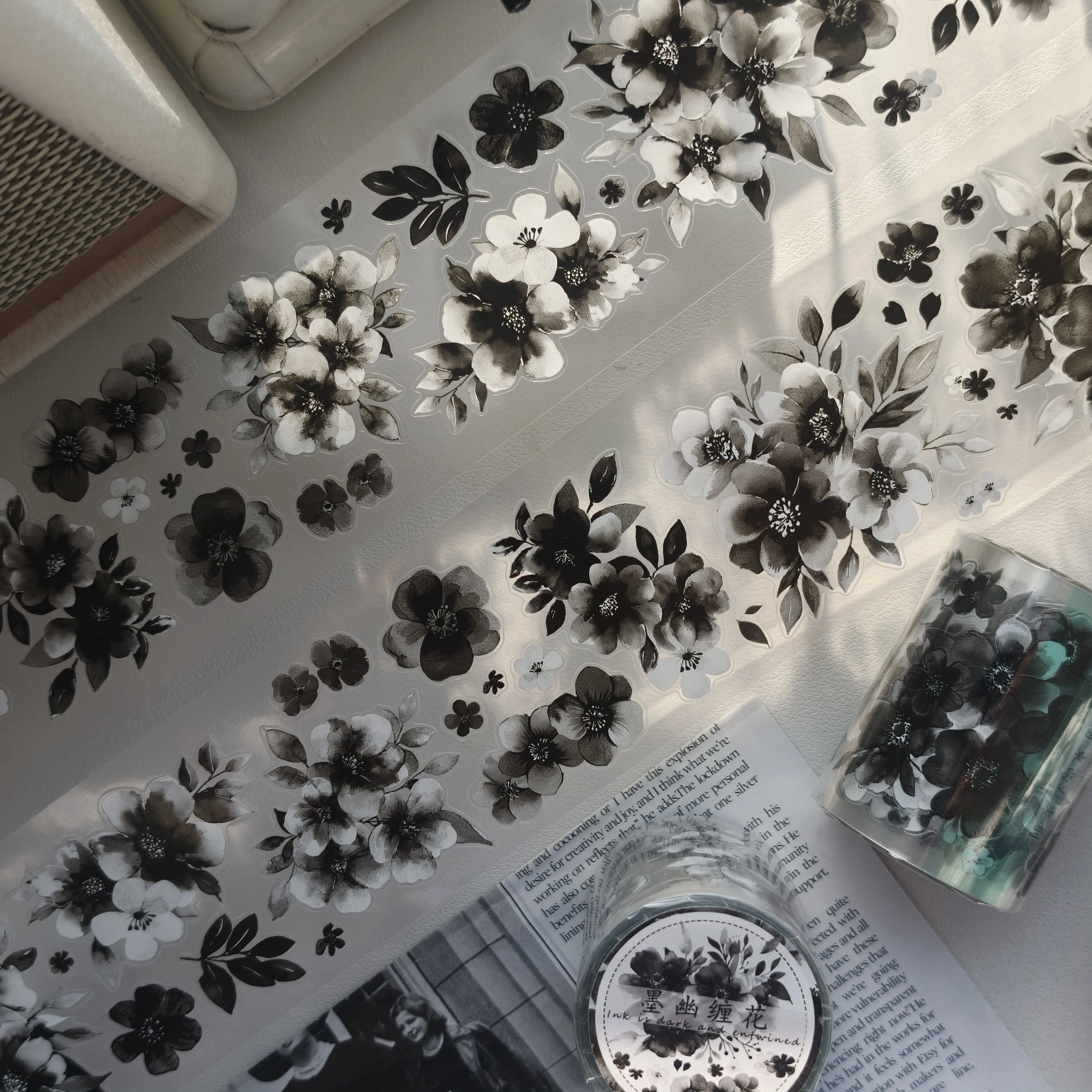 

washi pet tape roll [Ink Nether Wrapping Flowers] pre cut journal sticker, black and white flower dark retro classic