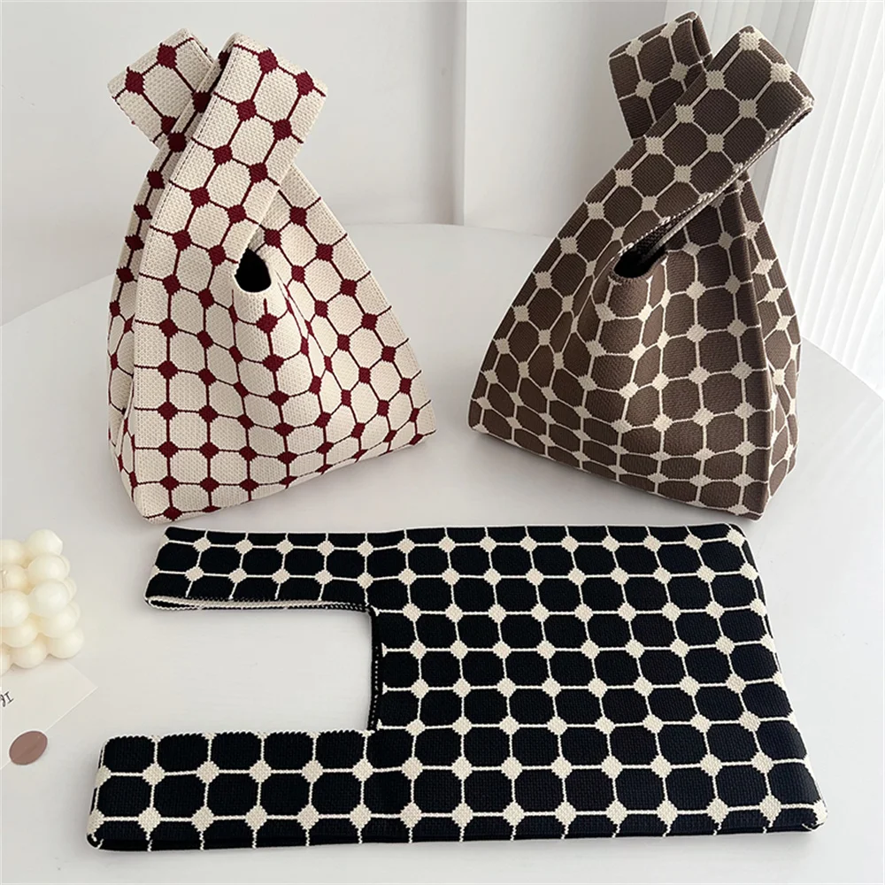 Checkered Handmade Knitting Handbag Women's Shoulder Bag Korean Mini Knot Wrist Bag Tote Bag Female Student Shopping Bags Pouch