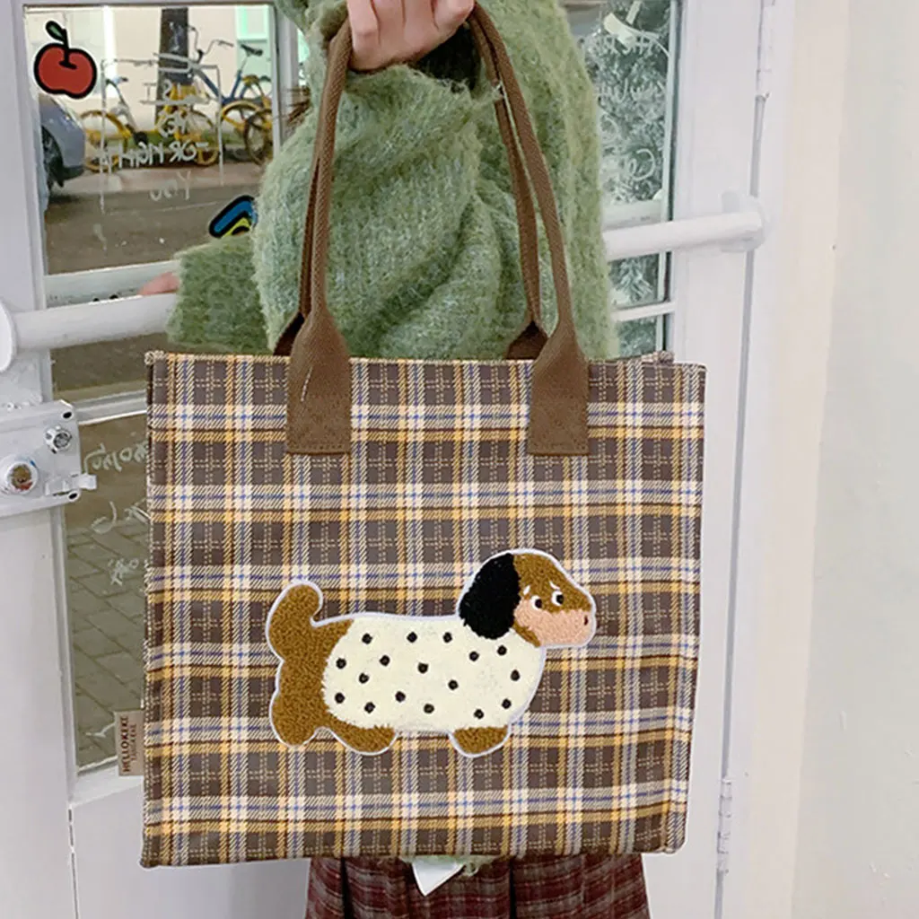 

2026 New Cartoon Puppy Stripe Canvas Tote Bag - Large Capacity Shoulder Commute Bag, Cute Student Purse for Women