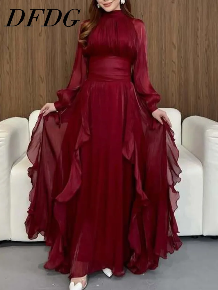 

DFDG 2025 SS Women’s Designer Elegant Chiffon Ruffle Dress Pleated Wave Hem Long Sleeve Gown Spring Summer Formal Evening Dress