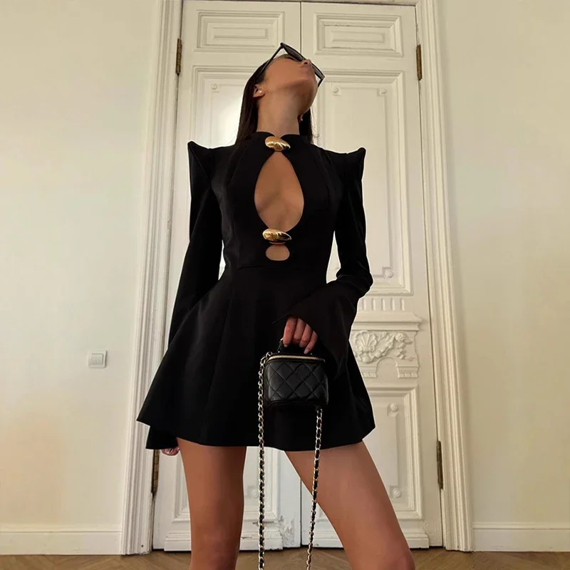 

New Black Hollow Out Mini A-Line Dress Women Sexy Round Neck Full Sleeve Waist Cinching Short Dresses Lady Chic Party Club Robe
