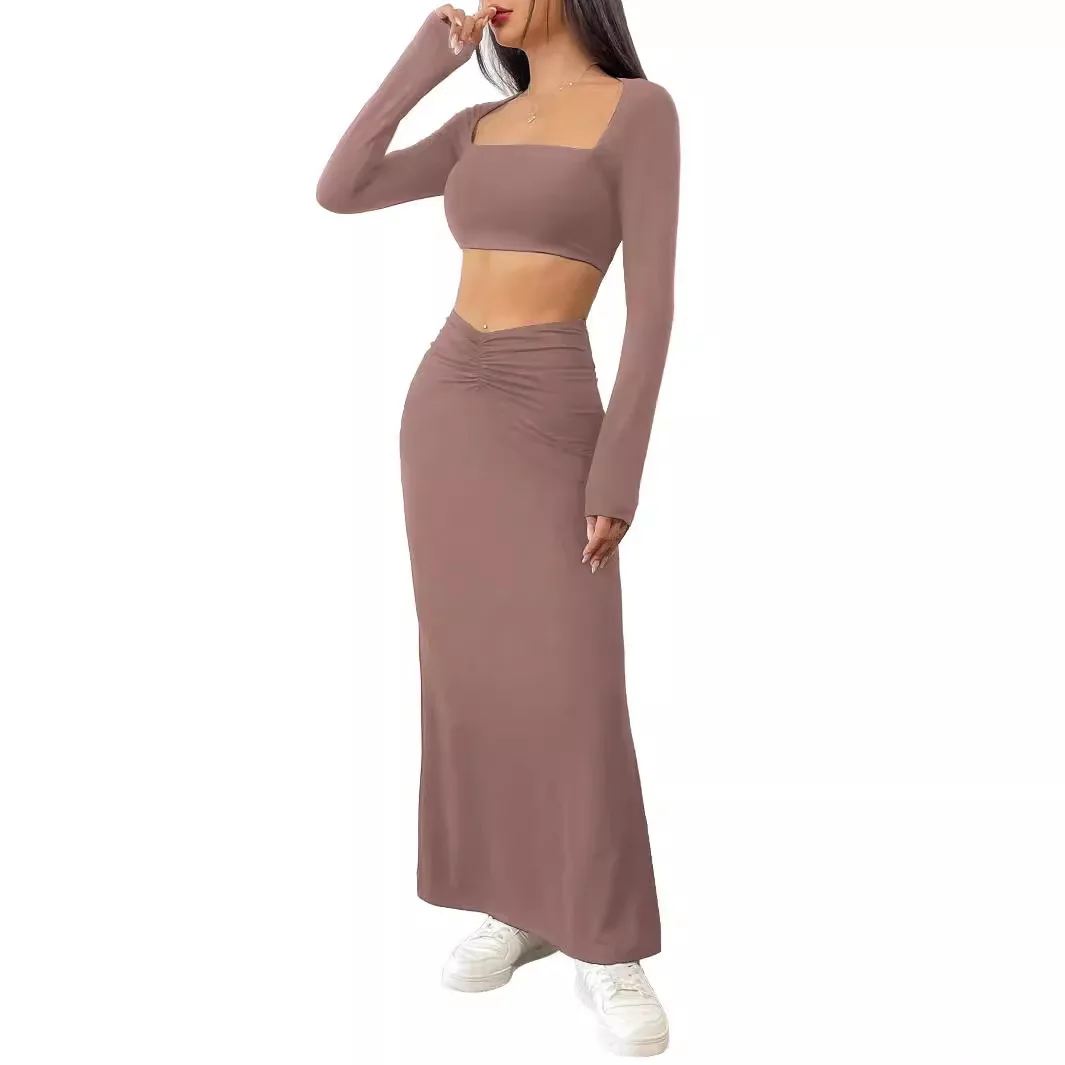 Women\'s Autumn and Winter New European and American Solid Color Casual Long-Sleeved Square Neck Navel Fashionable Long Skirt