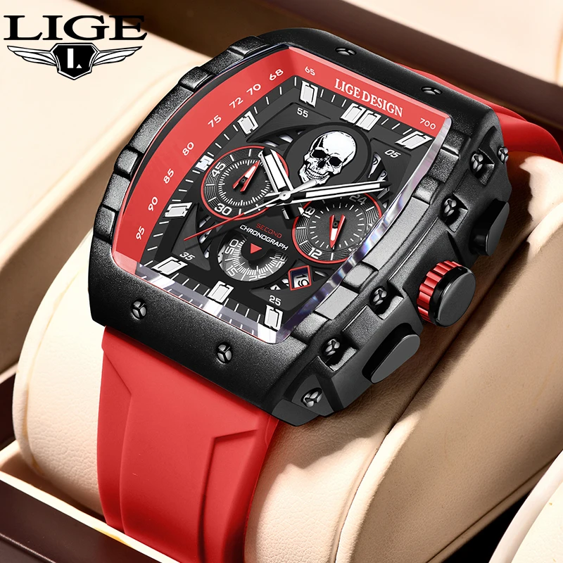 

LIGE Fashion Casual Quartz Man Watch Top Brand Silicone Belt Skull Dial Sport Luxury Waterproof Luminous Auto Date Men's Watches