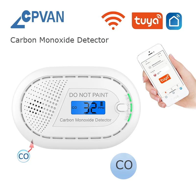 CPVAN Tuya Smart Carbon Monoxide Alarm Sensor WIFI CO Alarm 10 Years Battery Digital display CO Detector 85db Warning