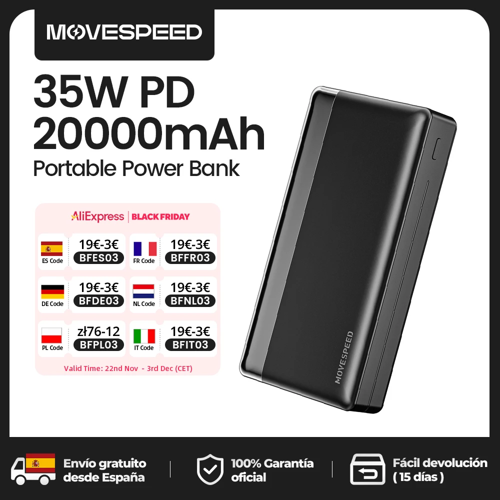 MOVESPEED K20 20000mAh 35W Fast Charge Power Bank Type C USB External Battery for iPhone15 Pro Xiaomi 14  Samsung S23 Powerbank