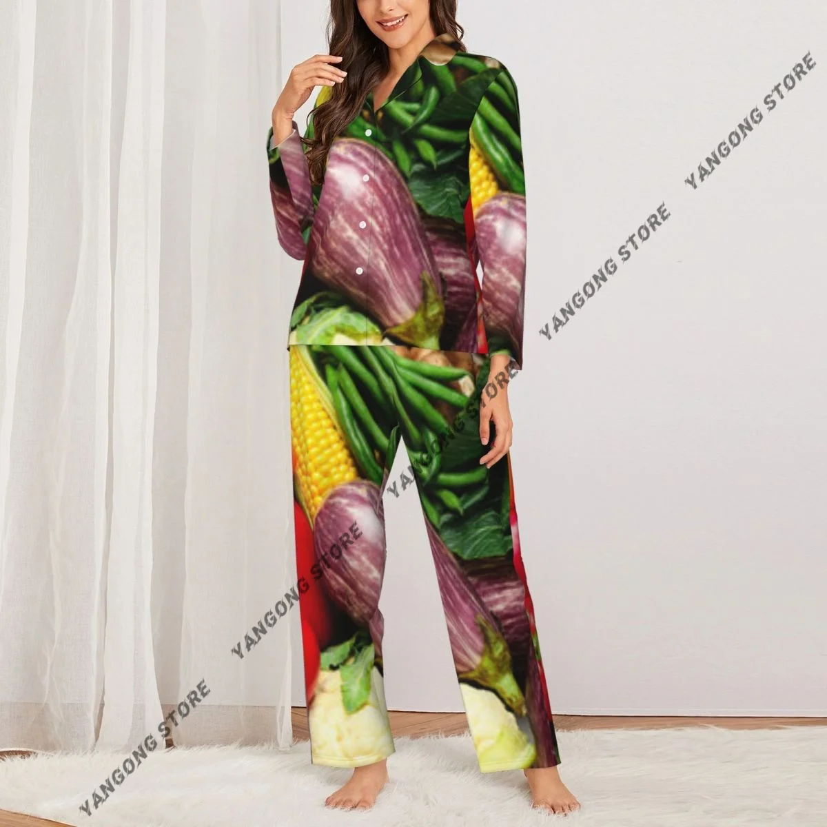 Women Sleepwear Pajamas Various Fresh Vegetables Background Long Sleeve Pijama Female Set Negligee Cardigan Suit