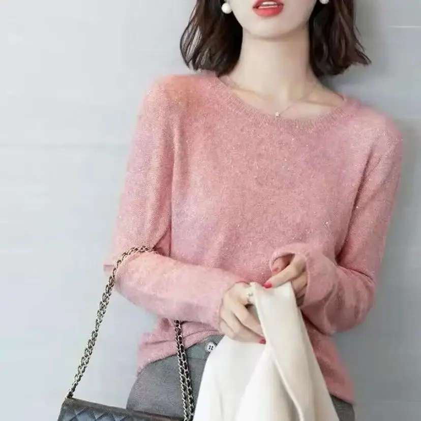 Korean Style Versatile Round Neck Pullover Sweater Women's Knitted Outerwear Loose Fit Base Layer Sequin Top For Autumn/Winter