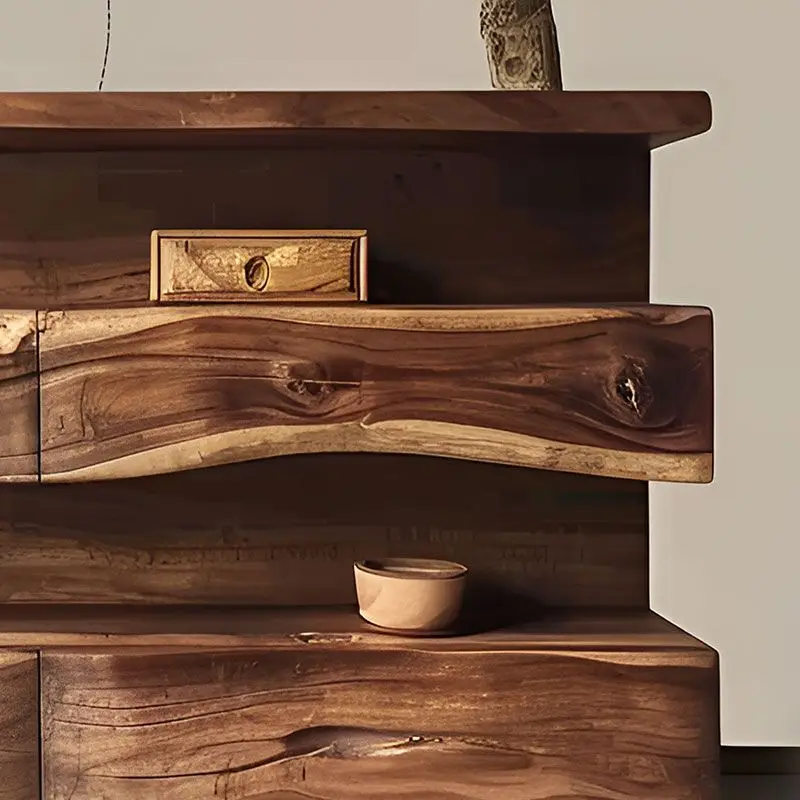 Wabi Sandy Wind Chinese Retro Living Room Home Solid Wood Dining Side Cabinet Integrated Shelf Against the Wall