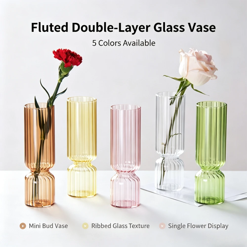 Vertical Striped Double Section Glass Vase Mini Single Flower Hydroponic Container Nordic Desktop Home Decoration