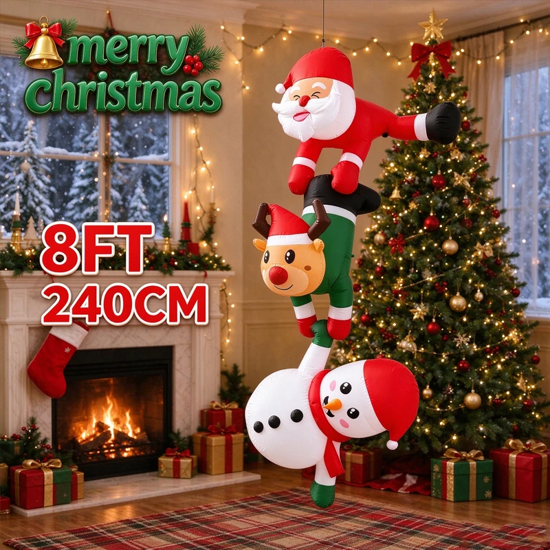 8FT Hanging Christmas Inflatable Decoration, Santa Claus Reindeer Snowman Stacked Blow Up Ornament, for Window, Balcony, Porch
