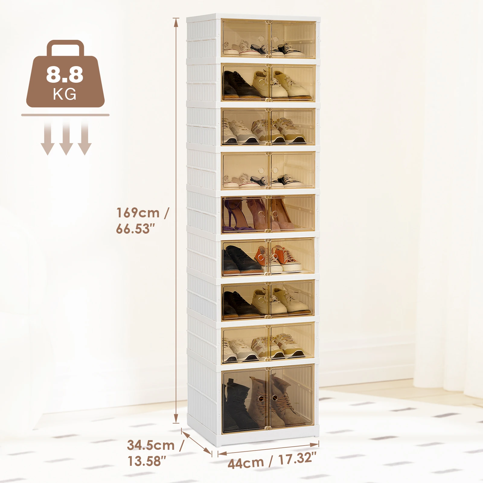 9 Tier 36 Pairs Shoe Organizer Cabinet Stackable Sneaker Storage Boxes, Foldable Shoes Storage Box with Doors Plastic Storage