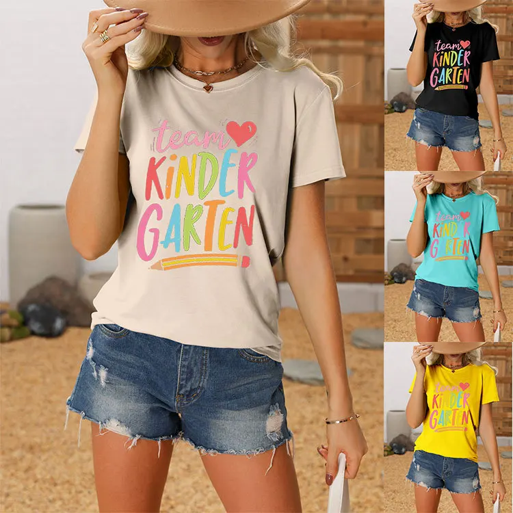 

Summer crewneck casual women's T-shirt team kinder garten color letter print new loose fashion short-sleeved top with pullover