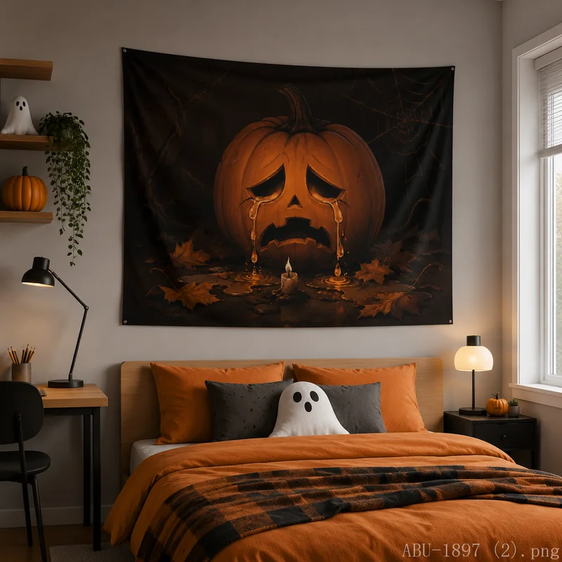 VIKAMA Sad Vintage Pumpkin Tapestry Dry Maple Leaf Candle Dark Halloween Art Wall Hanging Bedroom Dorm Decor Cloth