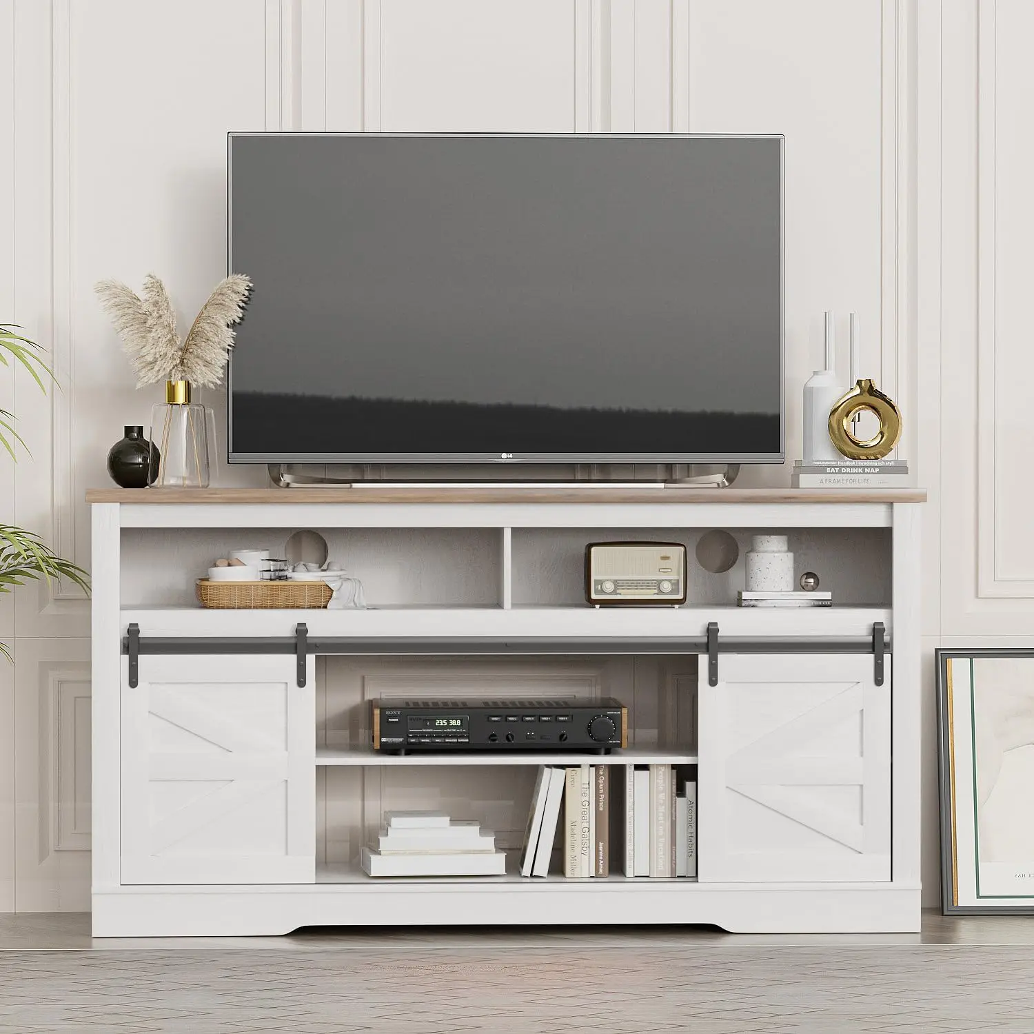 TV Stand for Television up to 65+ Inch with Storage and Farmhouse Sliding Barn Doors, Entertainment Center with Cabinet