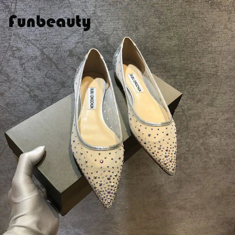 

2024 Spring/Summer Women's Flat Shoes Breathable Soft Mesh Rhinestone Flat Shoes Pointed Sandals Transparent Hollow Out Shoes