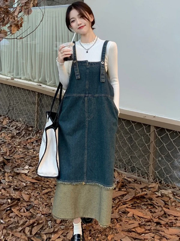 plus Size Women's Vintage Denim Overalls Dress Tummy Control Slimming A-Line Midi Dress for Pear Shaped plus Size Women