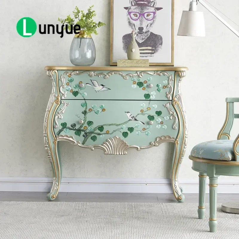 Green Solid Wood Entrance Cabinet Living Room Drawer Storage Chest Wall Mounted Locker Bedside Table Home Furniture Organizer