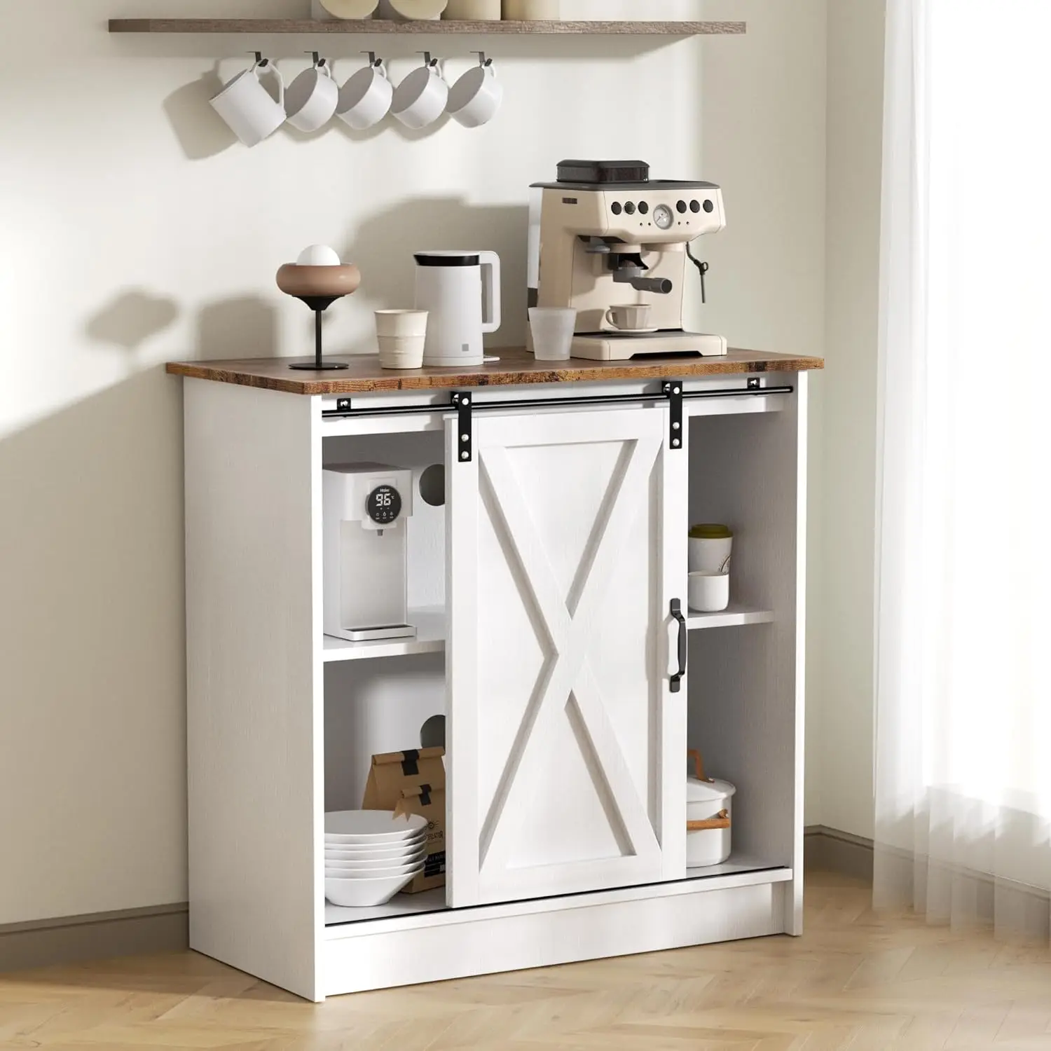 

White Coffee Bar Cabinet with Storage, Farmhouse Sliding Barn Door, Adjustable Shelves for Kitchen Dining Room
