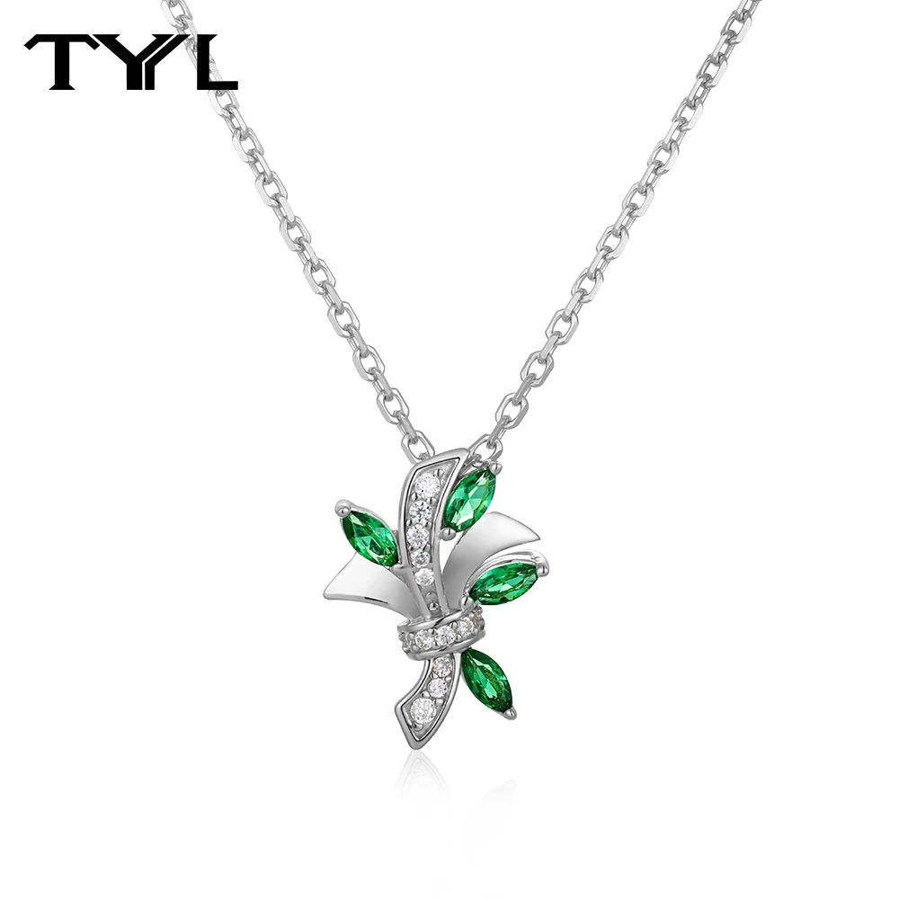 TYYL Lab Created Emerald & Moissanite Pendant Necklace for Women S925 Silver Elegant Leaf Shaped Chain Wedding Fine Jewelry Gift