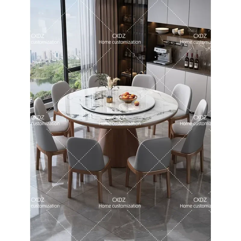 Modern Round Dining Table Set with Chairs Luxury Rock Slab Top Solid Wood Base Large Household Table with Turntable and