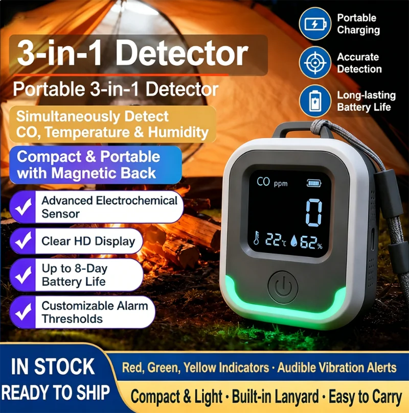 

Portable 3-in-1 Carbon CO Detector, Temp/Monoxide/Humidity Monitor with LED Alarm for Camping RV Indoor Outdoor Camping Use