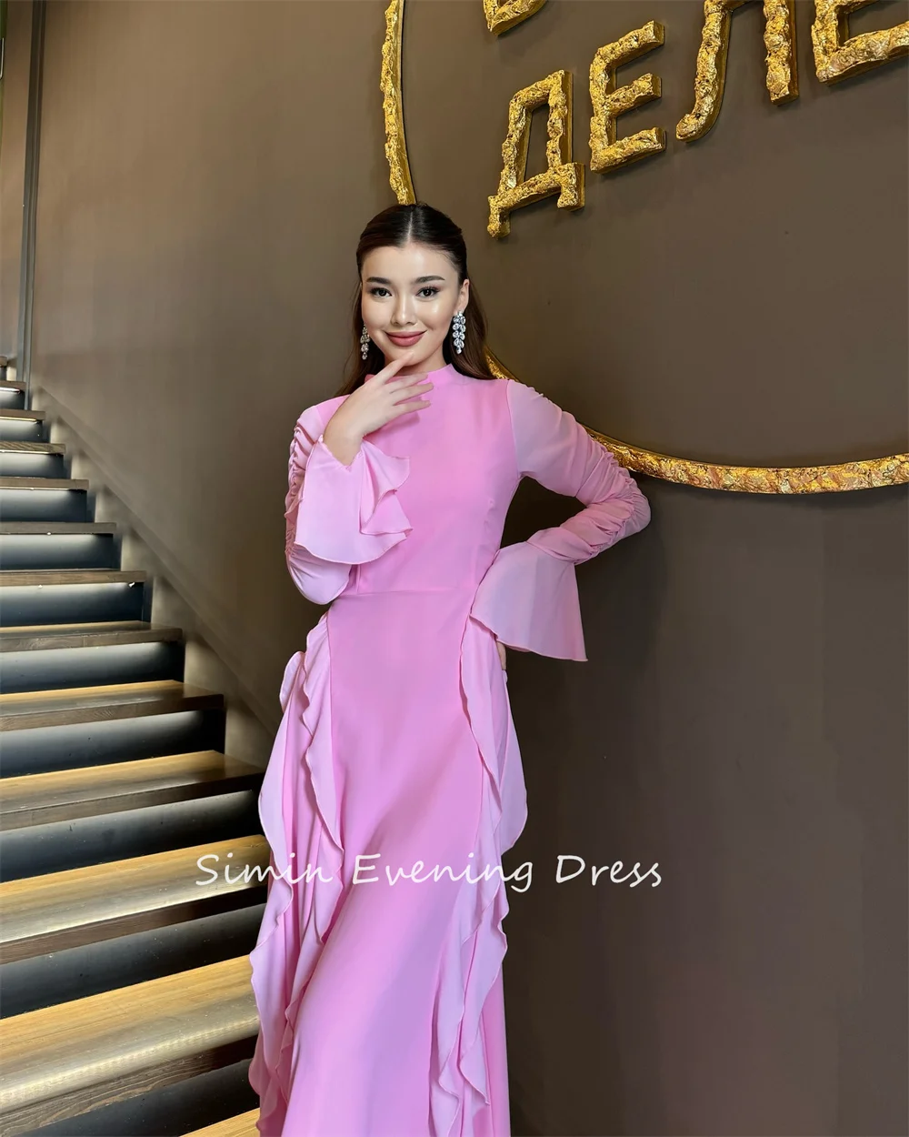 Simin فستانس Customized Ruched Fashion O-Neck Chffion A-Line Saudi Long Sleeves Prom Gown Evening Party dresses for women 2024