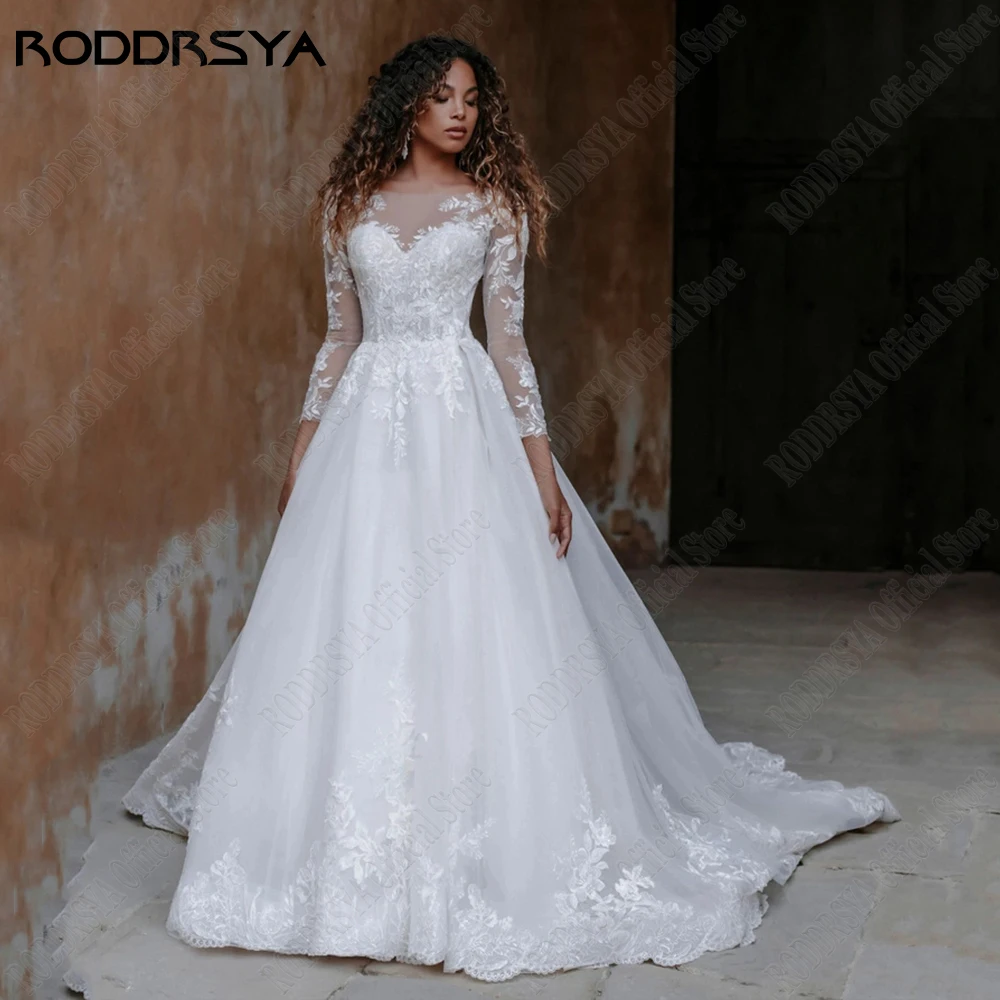 RODDRSYA-Robes de mariée de luxe pour la mariée, manches longues, col rond, appliques en dentelle, Brdie, quel que soit le tulle, A-ligne, éducatif, 2023