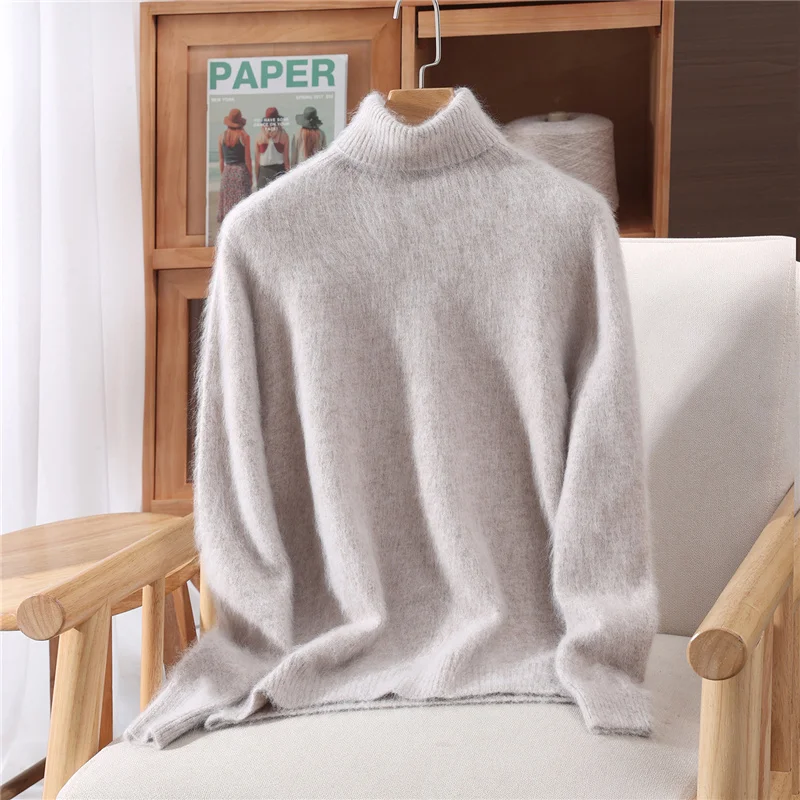 100% المنك سترة الكشمير المعنقة المرأة الخريف والشتاء الدافئة طويلة الأكمام عالية تحول طوق بلون بلوفر مغزول الإناث #5