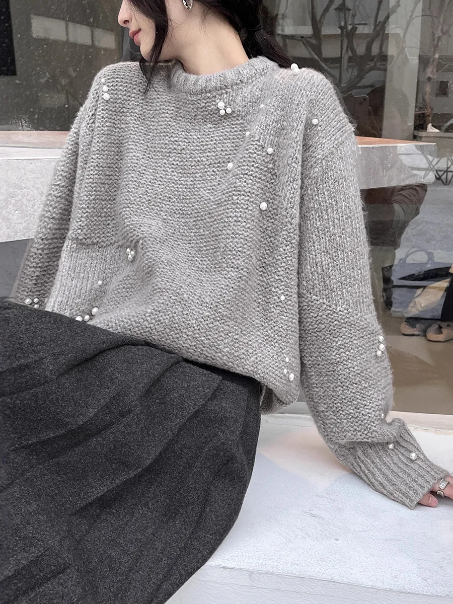 

Korean Design Knitted Sweater Women's Autumn Winter New Handmade Beaded Floral Heavy round Ne Sweet Sweater Loose Fit Long ...