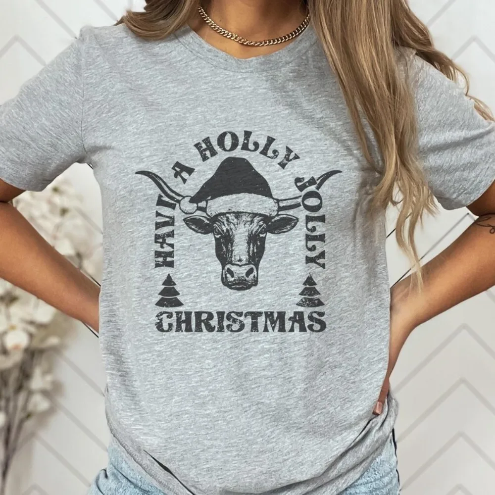 Camiseta navideña de Longhorn de Texas, divertida camiseta navideña de Holly Jolly, toro vaquero, regalo de animales de granja Vintage, camisetas para amantes occidentales de Ranchers