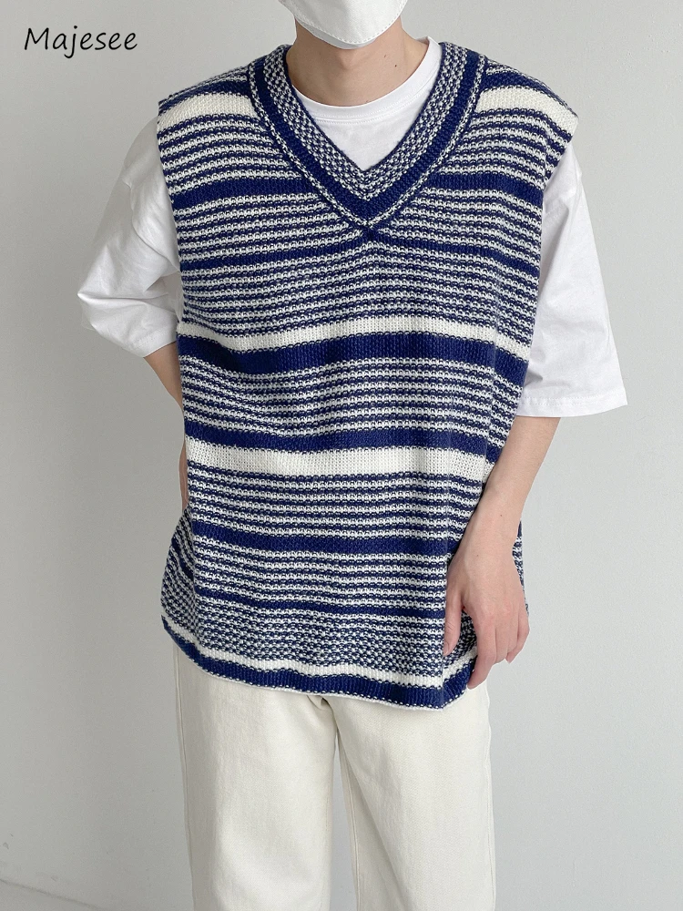 Striped Sweater Vest Men V-neck Loose Normcore Korean Style Hipster Slouchy Fashion Preppy  Students All-match Panelled