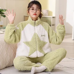 Kawaii High Quality Girl Plush Cartoon Pajamas winter Women's Flannel Pajamas Thickened Padded Night Robe Homewear Set pijama