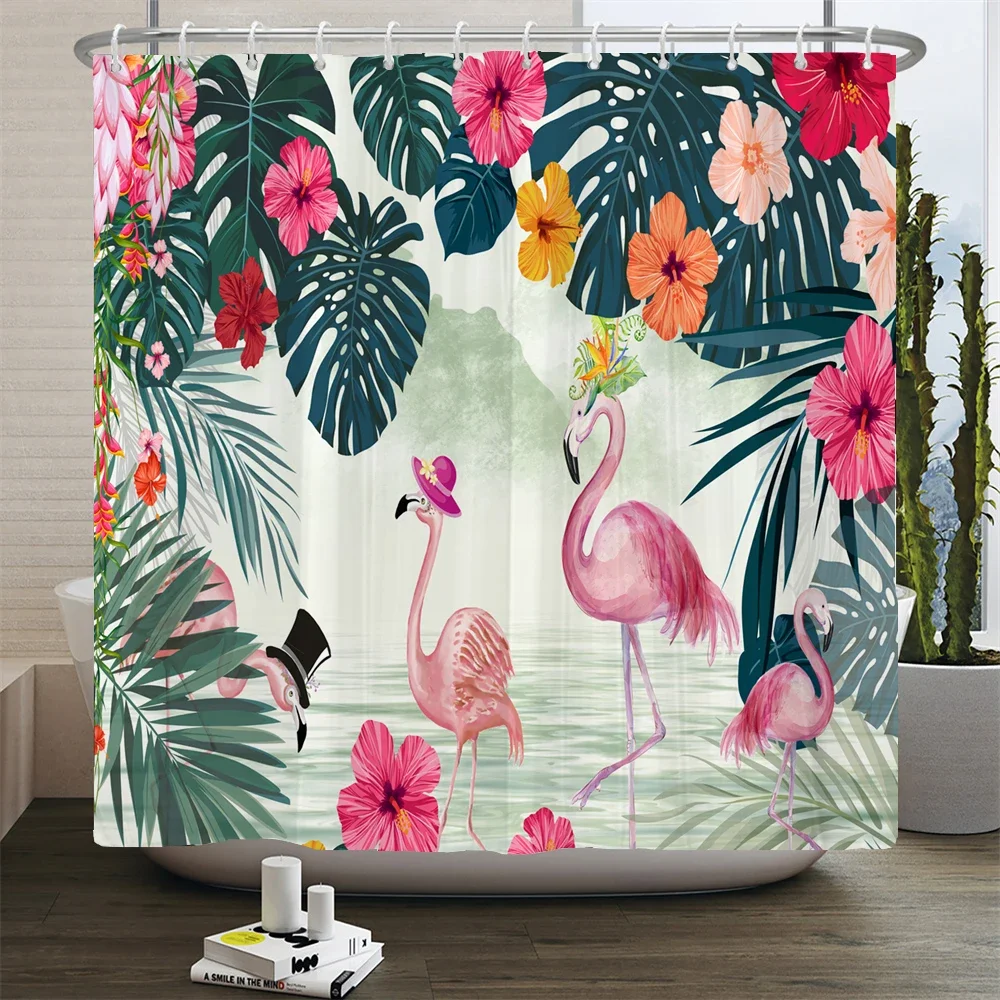 Flamingo Shower Curtains Green Leaf Bathroom Waterproof Polyester Fabric Printing Shower Curtain Decoration Bath Screen