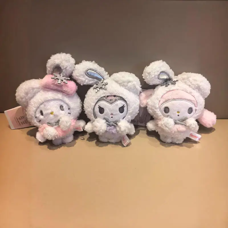 

Kawaii Winter Snow Rabbit White Hellokitty Plush Doll Cinnamoroll My Melody Kuromi Bag Pendant Cute Cartoon Ornament Gift