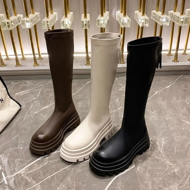 

Winter Platform Women Knee High Boots Fashion Thick Heel Slip On Shoes Concise Knight Long Botas De Mujer