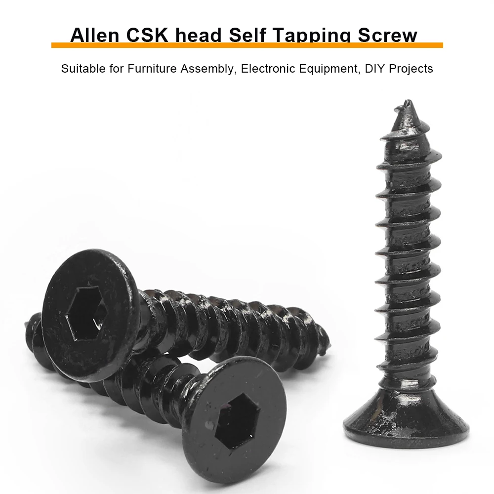 JUIDINTO 8.8Grade 10-50pcs Black Hex Socket Flat Head Self Tapping Screw Allen Head CSK Wood Screw M2 M2.3 M3 M3.5 M4 M5 M6