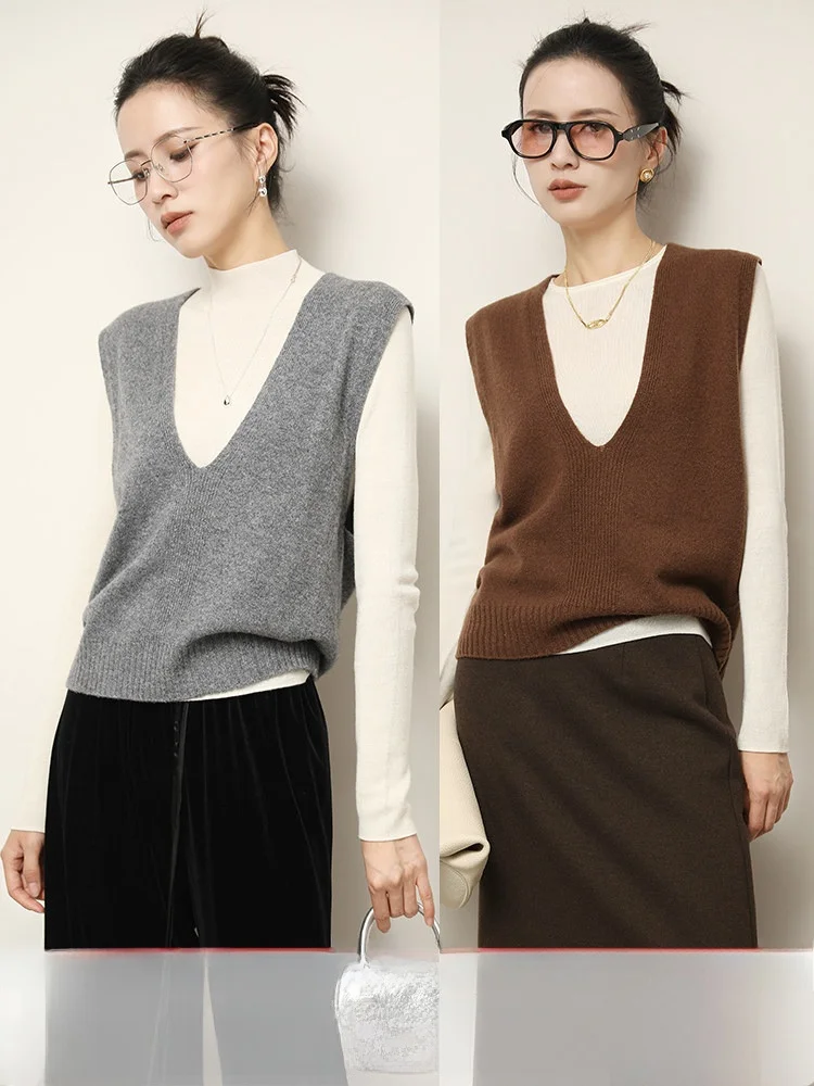 

Женский вязаный жилет XUS 00 из шерсти, свободный крой, V-образный вырез, зимний свитер, модный повседневный топ, простой дизайн